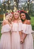 Chiffon Long Bruidsmeisje jurken Elegant roze van het schouderstrand Boheemse bruidsmeisje trouwfeest plus size prom jurk ba