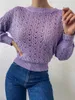 Mulheres suéteres mulheres soltas de malha sexy rodada pescoço manga comprida oco out pulôver malhas camisola tops outwear wdc8606
