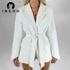 Ingoo Lace Up Waist Långärmad Lapel Blazers kostym Kvinnor Solid Elegant Office Ladies Casual Jacket Coat Fashion Street Outwear 211019