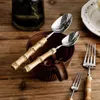 Servering 5 / 20pcs Bamboo Handle Cutlery Set 18/10 Rostfritt Stål Knivgaffel Sked Torkapitel Cutleries Sätter Drop 211112