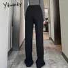 Yitimoky slitben svart flare byxor kvinnor kontor dam full längd kläder solid rak vintage streetwear arbete våren 210925