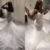Modern sydafrikansk sjöjungfru bröllopsklänning brudklänning sexig v nacke spaghetti band spetsmönster tulle lång vestido de noiva