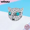 WOSTU 100% 925 Стерлинговое серебро синий CZ Глаза Kitty Cat Beads Fit Charm Оригинальные Браслет Подвесные Бусины Для Ювелирных Изделий CQC1131 Q0531