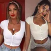 Fashion Sexy Women Short Sleeve Crop Top Button Vest Halter Casual White Tank Tops Blouse Shirt 210607