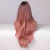 ALAN EATON Long Wavy Synthetic Ombre Black Pink Wigs for Women Cosplay Natural Middle Part Hair Wig High Temperature Fiber