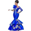 Luxe Royal Blue African Avondjurken Mermaid Plus Size Lange Mouwen Applicaties Aso Ebi Prom Party Jurk Sparkly Pailletten Appliques Speciale Gelegenheid Toga 2021
