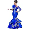 Abiti da sera africani blu royal di lusso Mermaid Plus Size Maniche lunghe Appliques Aso Ebi Prom Party Dress Sparkly Paillettes Appliques Abiti per occasioni speciali 2021