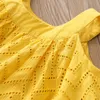 Summer 2-10 Years Old Children Cotton Solid Color Off Shoulder Strapless Hollow Out Wave Little Sexy Kids Girl Dress Blouse 210701