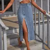 Rokken Cyaysw vintage dames casual retro knop onregelmatige wassen split lange rok Koreaanse Harajuku denim hoge taille jeans