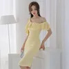 Yellow Office Bodycon Sukienka Koreański Panie Lato Jedno Ramię Wzburzyć Party Tight Sukienki Dla Kobiet Cltohing 210602