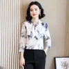 Koreanska Silk Blusar Kvinnor Satinskjorta Damer Skriv ut Blus Topp Plus Storlek Kvinna Kortärmad Bow Shirts Blusas Femininas Elegante 210531