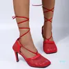 Sandaler 2021 Kvinnor Sommar Ankelband Mesh Close Toe Lace-up Kvinna Högklackat Andas Fashion Women's Stiletto Skor