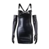 Casual Dresses PU Gothic Sexy Strapless Bandage Halter Hollow Out Bodycon Mini Dress Leather Glove Suit Punk Dark Black Party