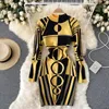 Casual Jurken SINGREINY Dames Ontwerp Print Gebreide Jurk Lange Mouw O Hals Elastisch Slanke Potlood Herfst Winter Sexy Bodycon Trui