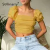 Sollinarry Puff Sleeves Elastic Band Women T-shirt Vintage Korean Style Square Neck Fold Crop Summer Fashion Slim Female Top 210709