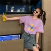 女性用Tシャツ香港スタイル半袖女性2022夏の韓国BF学生ルースベアプリントハーフトップ