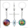 Sleutelhangers Fashion Aesories Tree of Life Dubbelzijdig Rotable Glas Cabochon Time Gemstone Sleutelhanger Sier Metalen Ringen Sieraden in BK Drop Del