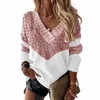 Kvinnor Elegant Patchwork Print Knit Tröja Höst Sexig V-Neck Långärmad Pullover Toppar Damer Vinter Casual Loose Jumper 210918