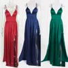 Sexy High Split Long Party Dress V Neck Strappy Padded Red Navy Green Satin Summer Dress Backless Hollow Out Dress 210302