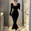 Elegant Mermaid Black Long Dres Korean Vintage Gothic Evening Party Dress Autumn Casual Hepburn Slim Dress 220311