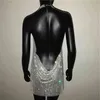 2020 NYHET Sexig djup V-hals Kristallklänning Kvinnor Lyxig Strassgrimma Dansfest Diamante Backless Split Mini Klänningar X0521