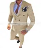 남자 정장 갈색 공식 2 조각 슬림 맞는 더블 브레스트 격자 무늬 부드러운 양모 Tweed Prom 턱시도 웨딩 Groomsmen (Blazer + Pants) X0608