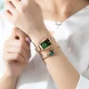 1 세트 팔찌 시계 정품 가죽 스트랩 녹색 말라 카이트 일본 석영 레이디 첫 번째 레이어 쇠가죽 벨트 로즈 골드 여성 시계 210310