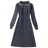 2022 Spring Long Sleeve Lapel Neck Grey Solid Color Knitted Panelled Buttons Knee-Length Dress Elegant Casual Dresses 21S138B436