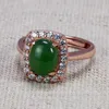 Cluster Ringen 925 Sterling Zilver voor Dames Ovale Vorm Rose Vergulde Natuurlijke Groene Jade Micro Verharde Zirkoon Surround Openingstype