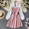 Women Fashion Contrast Stitching A-ling High Waist Slim Dress Lady Long Sleeve Vestidos Mujer Vintage Harajuku Clothing P643 210527