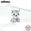 Wostu autêntico 925 esterlina prata pequena forma de tigre charme grânulos caber mulheres original pulseira jóias fazendo q0531