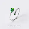 Zielony Emalia Liście Oddział Pierścień Dla Kobiet Moda Oryginalna 925 Sterling Srebro Roślin Bezpłatny Rozmiar Deklarowy Biżuteria Prezent 210707