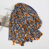 Foulard Hijab en coton imprimé Floral pour femmes, longs glands de la marine, foulard inégal, Cape Bandana d'espagne