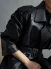 Lautaro Jesień Longvize Black Faux Leather Trench Płaszcz Dla Kobiet Z Długim Rękawem Pas Double Breasted Loose Moda 211130
