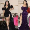 2021 Black Purple Prom Dresses Sexy Evening Gown Women Short Party Wear Long Train High Split Abiye Dubai Gowns Red Off Shoulder Keyhole Overskirts Sequined Lace