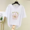 Plus Size List Drukuj Korea T Shirt Kobiety Lato Krótki Rękaw Aplikacje Tshirt Topy Casual Diamond White Tee Shirt Femme 210604