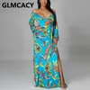 Long Sleeve V Neck Peacock Printed Maxi Dress Elegant Slit Long Dresses 210702