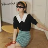 Yitimuceng Black Blouse Kvinnor Lace Short Shirts Loose Summer Fashion Sailor Collar Single Breasted Puff Sleeve Toppar 210601