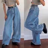 Koreański styl damskie damskie dżinsy drelichowe cięte szerokie nogi jean buty moda luźna długość streetwear kobiece spodnie casual stałe 210809