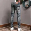 European Vintage Fashion Men Jeans Retro Dark Blue Elastic Slim Ripped Embroidery Patched Designer Casual Denim Pants 7ATS