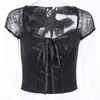 Vintage Woman Tops Goth T-shirt Kvinnor Bodycon Bandage Lace Svart T-shirts Gothic Streetwear Sexig kvinnlig topp Casual Mesh Tee 210623