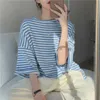 Clássico solto casual azul listrado meia manga t-shirt superior harajuku verão flare camiseta tamanho grande camiseta meninas 210601