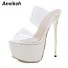 Aneikeh ny sexig pvc peep toe transparent 17cm stripper högklackade tofflor sommar mode glida på tunna klackar glider kvinnor mulor 210310