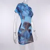 Dames casual kleding netto garen ronde hals print afslankjurken meisjes temperament forens hoge veerkracht tas hippe rokken trui doorschijnend blauw Eenstaps rok