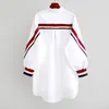 Womens Blouses Shirts 2021 White Loose Button Up Stripe Bandage Women Turn-Down Collar Woven Long Sleeve Plus Size Ladies Tops