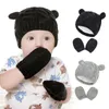 Ensemble chapeau et gants chauds d'hiver en coton tricoté pour nouveau-né, oreilles d'ours, casquettes de couleur unie pour bébé fille, cadeaux d'anniversaire pour enfants