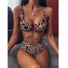 Sexig badkläder hög midja baddräkt brasiliansk biquini leopard print bikini set ring baddräkt sommar 2 stycke kvinnor 210702