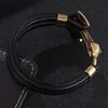 Men Steampunk Style Gold and Silver Plated Stainless Steel Anchor Charm Bracelet Black Leather Bracelets for Promotion