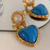 Stud Retro Earring For Women French Style Blue Heart Pendant With Pearl Aros Charm Lady Luxury Gift Jewelry 2021