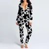 2021 Juldjur Print Jumpsuit Kvinnor Casual Långärmad Button-Down Front Functional Knappad Flap Vuxna Playsuit Pyjamas